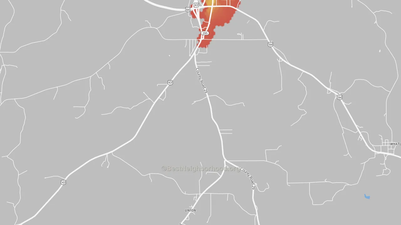 Walk Grade map of McVay, AL, walkable areas in green and car-dependent areas in red