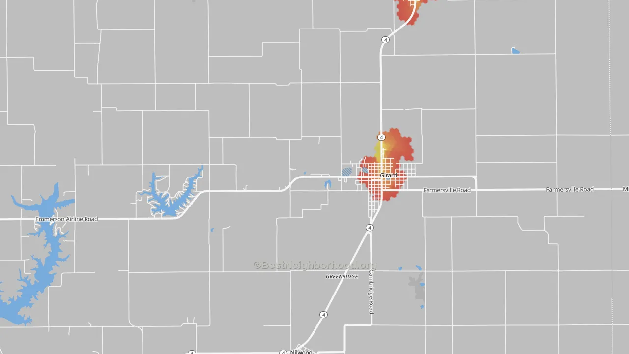 Walk Grade map of McVey, IL, walkable areas in green and car-dependent areas in red