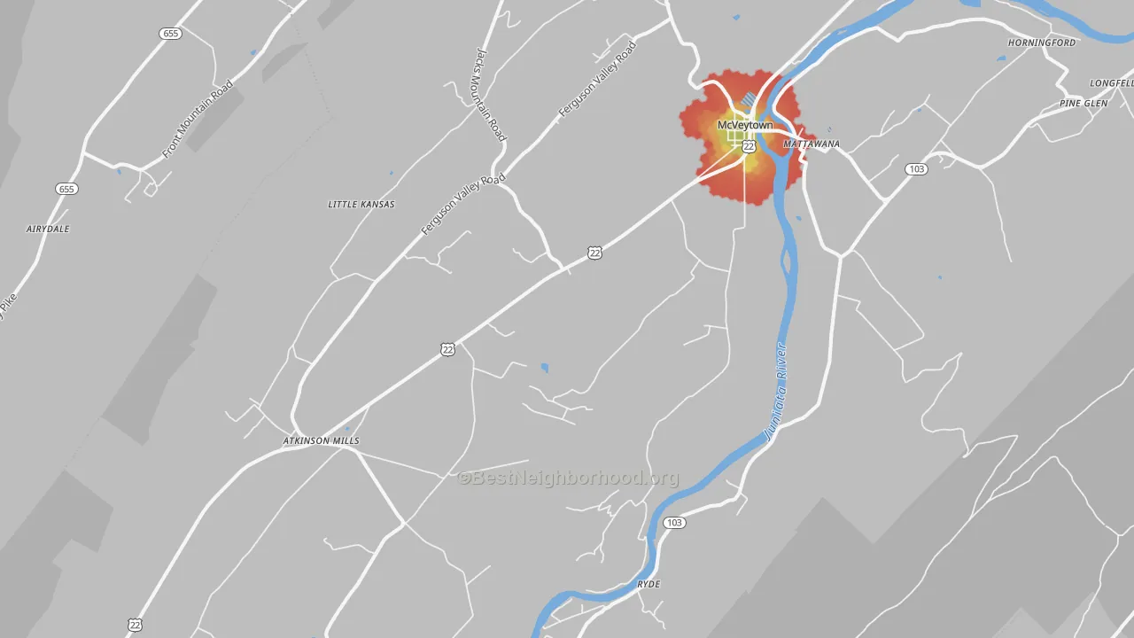 Walk Grade map of Mcveytown, PA, walkable areas in green and car-dependent areas in red