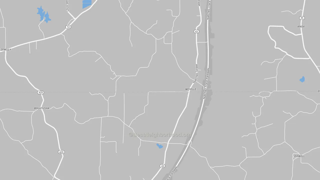 Walk Grade map of McVille, MS, walkable areas in green and car-dependent areas in red