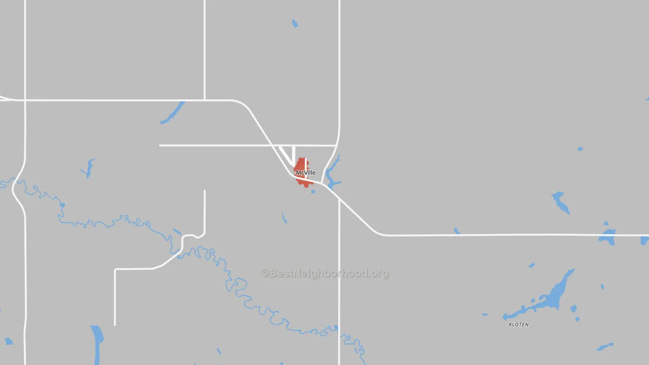 Walk Grade map of Mcville, ND, walkable areas in green and car-dependent areas in red