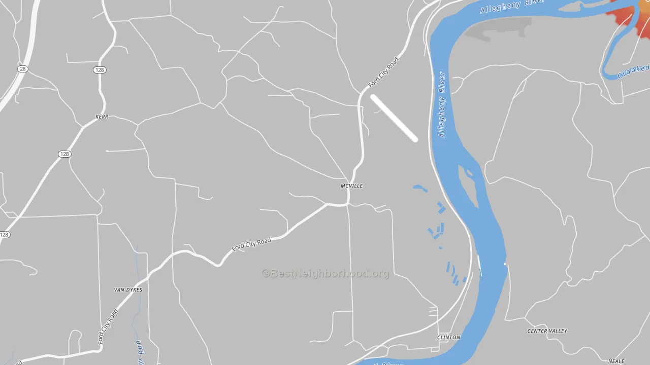Walk Grade map of McVille, PA, walkable areas in green and car-dependent areas in red