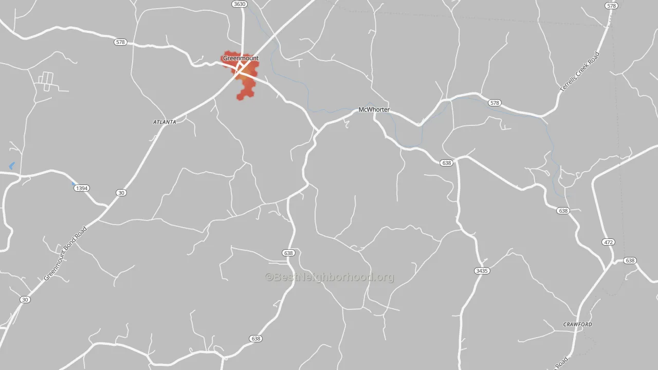 Walk Grade map of McWhorter, KY, walkable areas in green and car-dependent areas in red