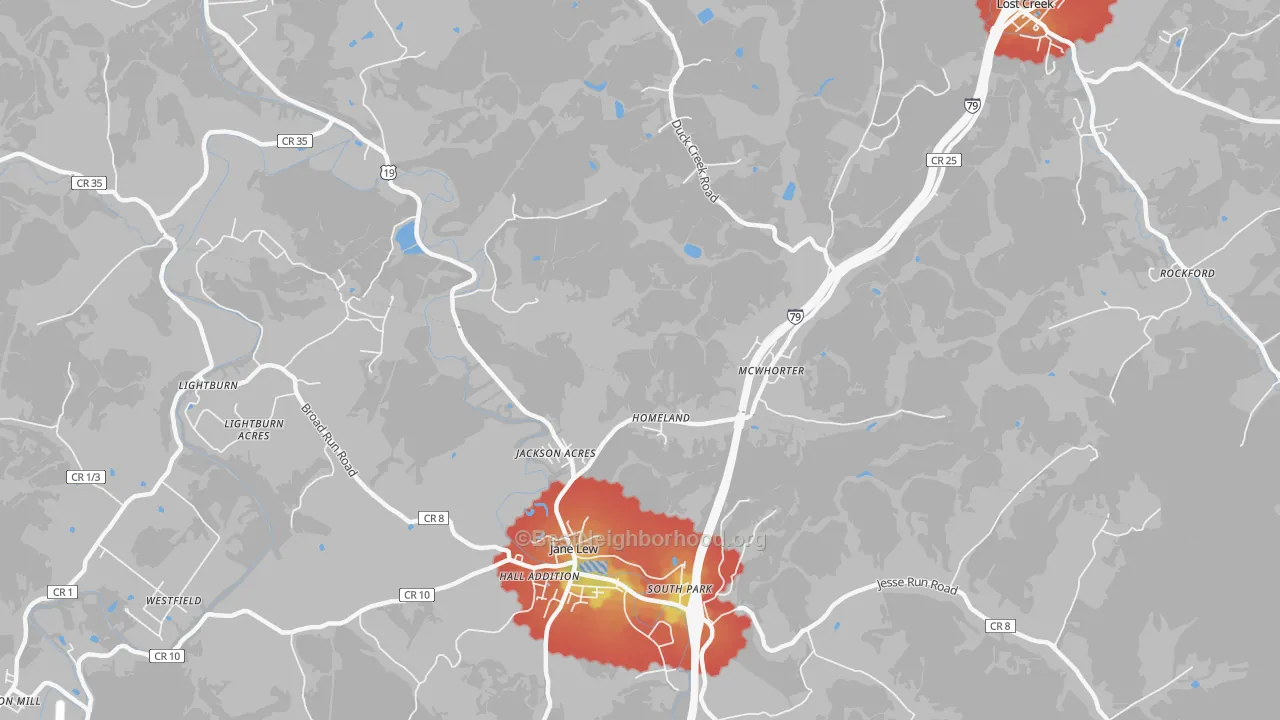 Walk Grade map of McWhorter, WV, walkable areas in green and car-dependent areas in red