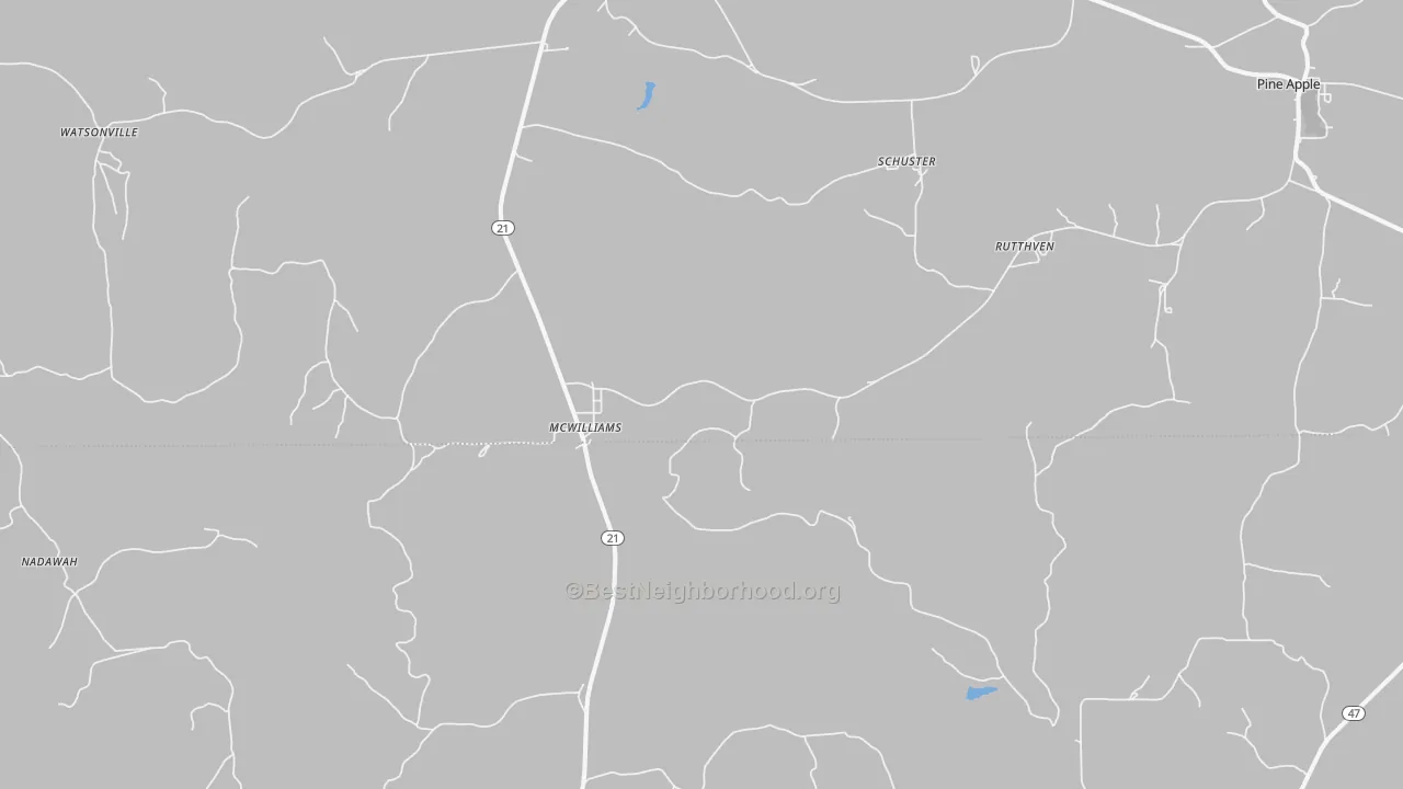 Walk Grade map of McWilliams, AL, walkable areas in green and car-dependent areas in red