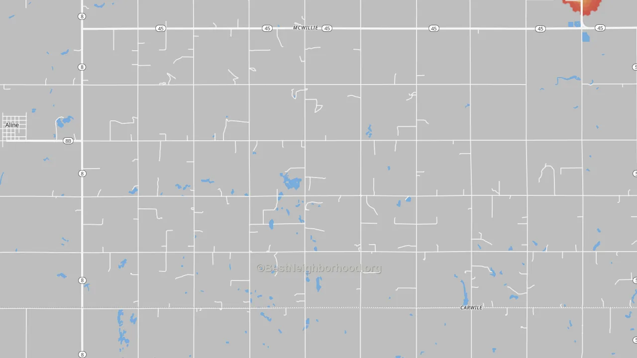 Walk Grade map of McWillie, OK, walkable areas in green and car-dependent areas in red