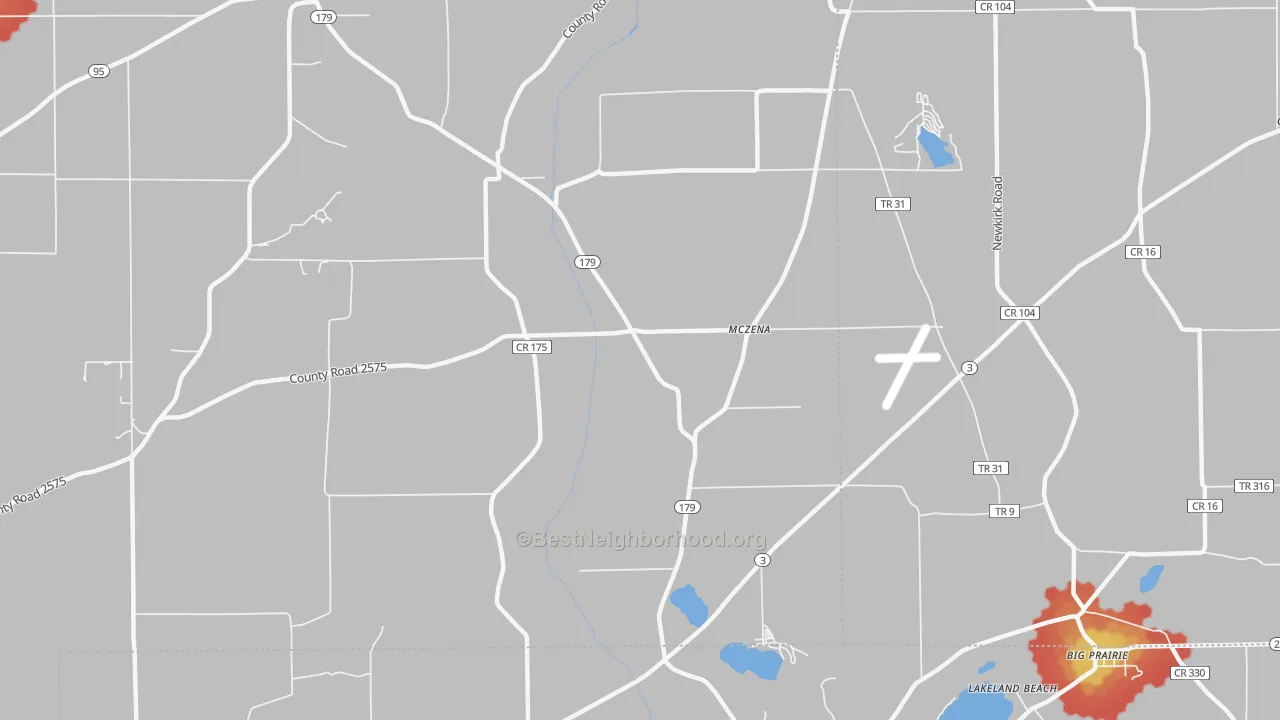 Walk Grade map of McZena, OH, walkable areas in green and car-dependent areas in red