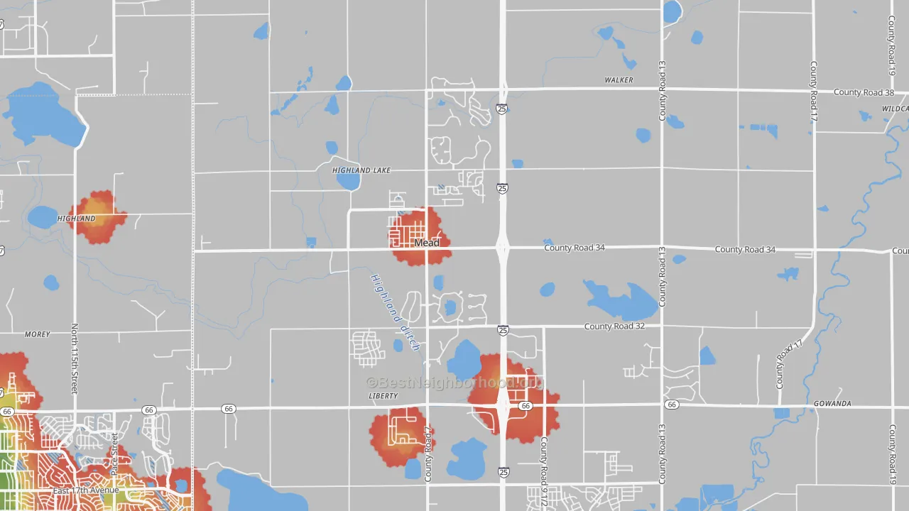 Walk Grade map of Mead, CO, walkable areas in green and car-dependent areas in red