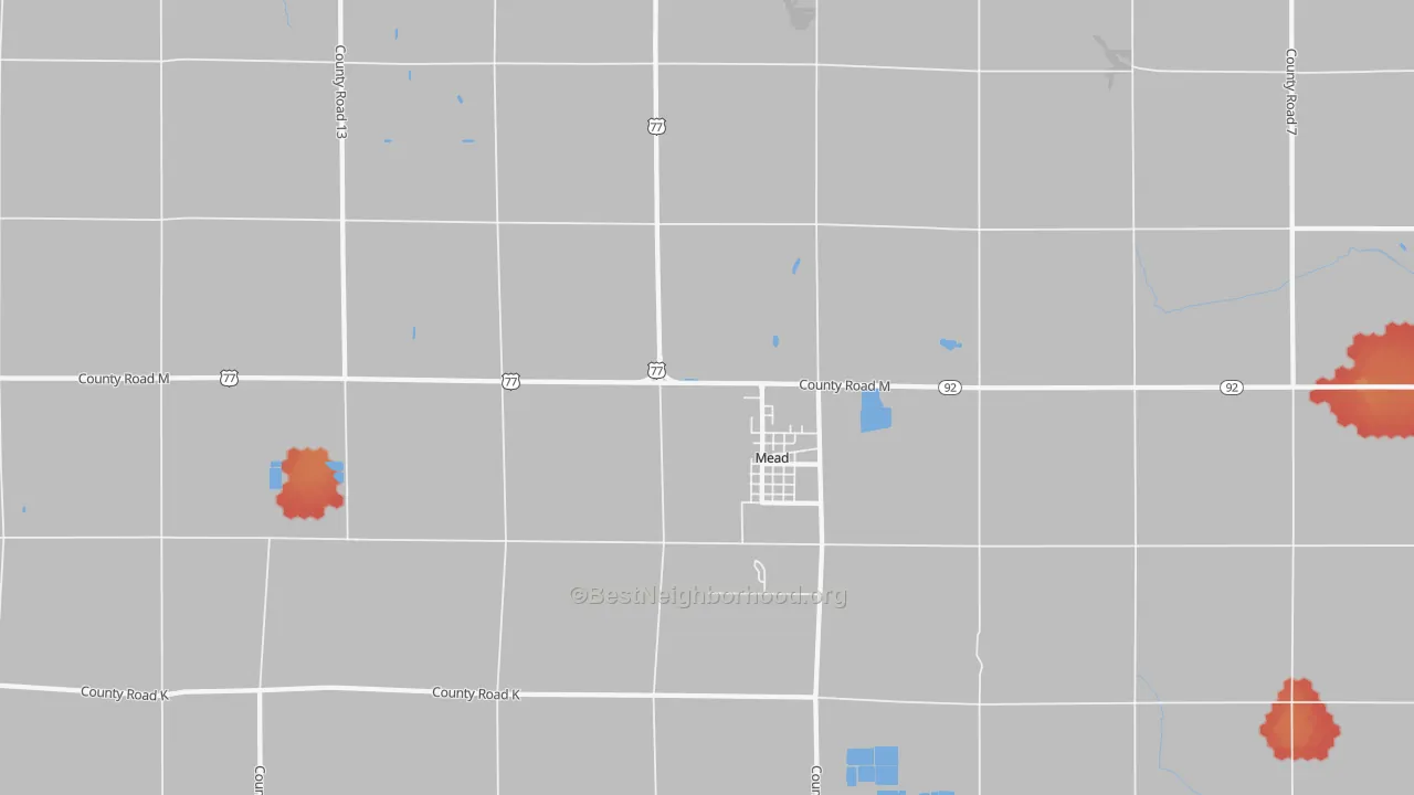 Walk Grade map of Mead, NE, walkable areas in green and car-dependent areas in red