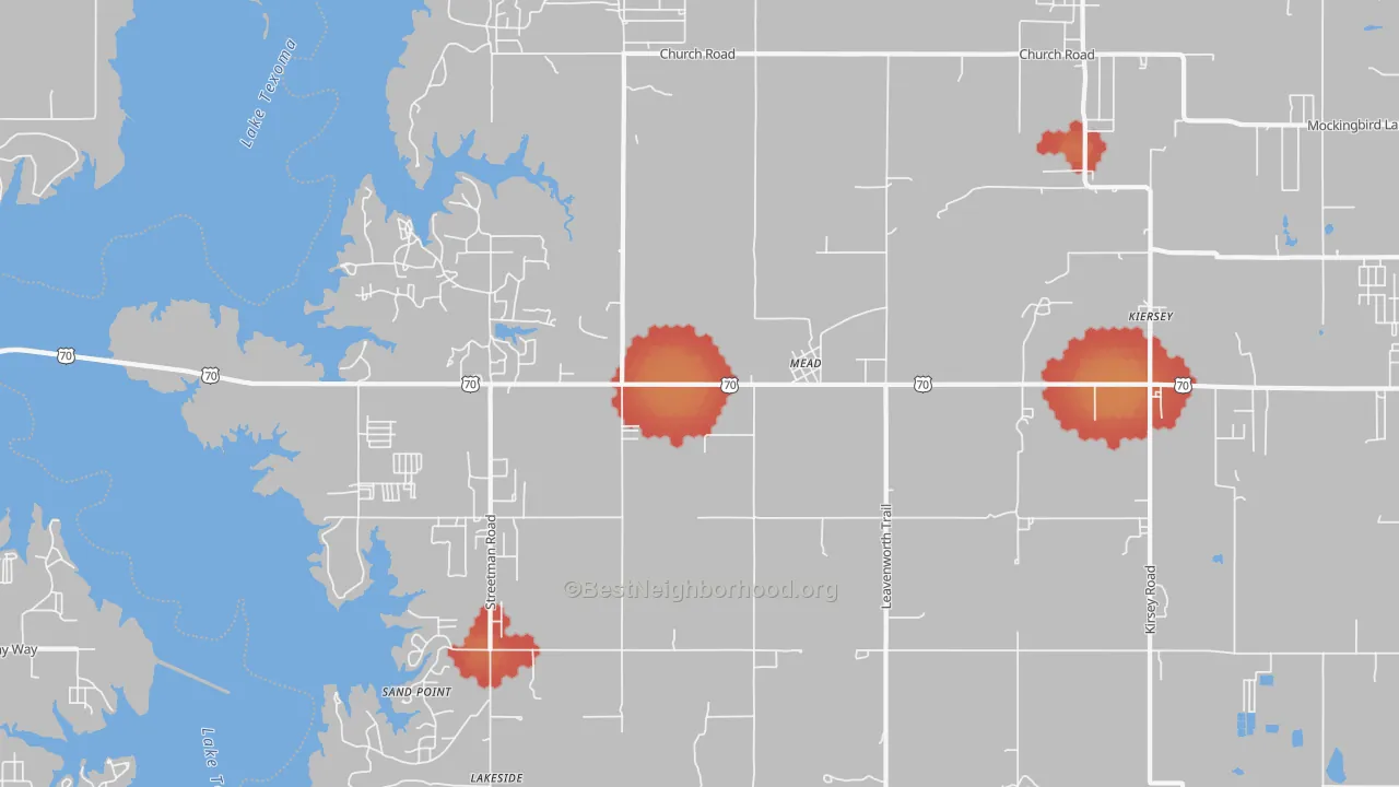 Walk Grade map of Mead, OK, walkable areas in green and car-dependent areas in red