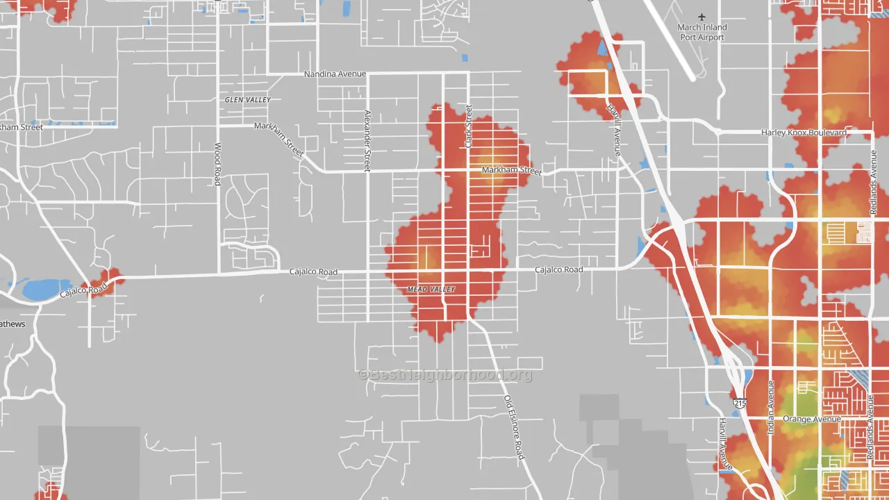 Walk Grade map of Mead Valley, CA, walkable areas in green and car-dependent areas in red