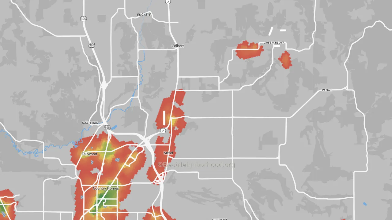 Walk Grade map of Mead, WA, walkable areas in green and car-dependent areas in red