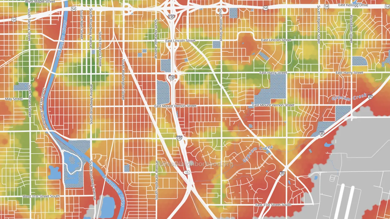 Walk Grade map of Mead, Wichita, KS, walkable areas in green and car-dependent areas in red
