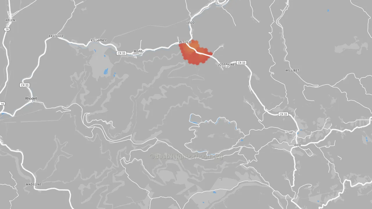 Walk Grade map of Mead, WV, walkable areas in green and car-dependent areas in red