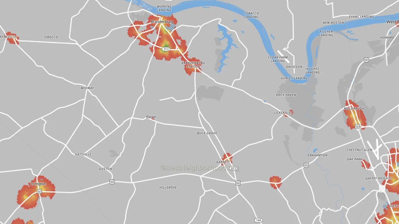 Walk Grade map of Meade County, KY, walkable areas in green and car-dependent areas in red