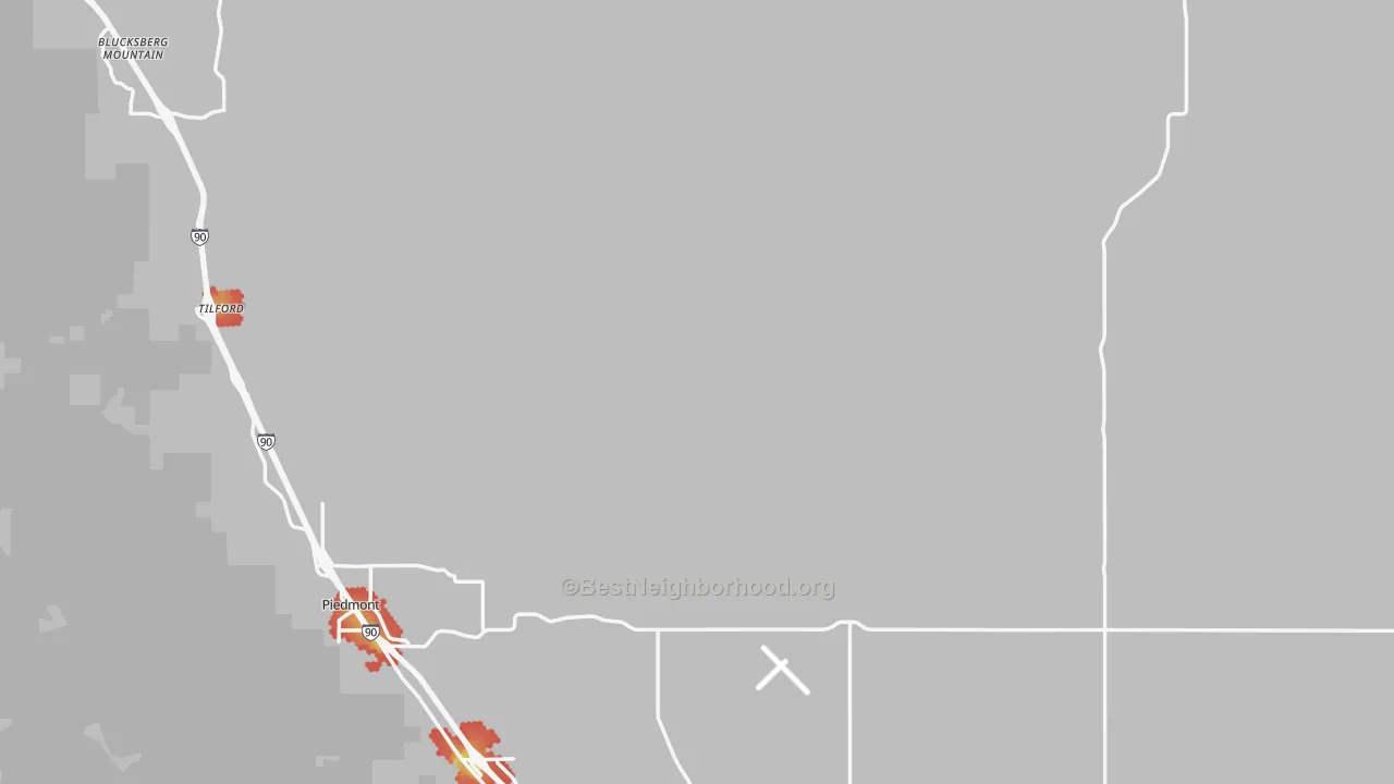 Walk Grade map of Meade County, SD, walkable areas in green and car-dependent areas in red