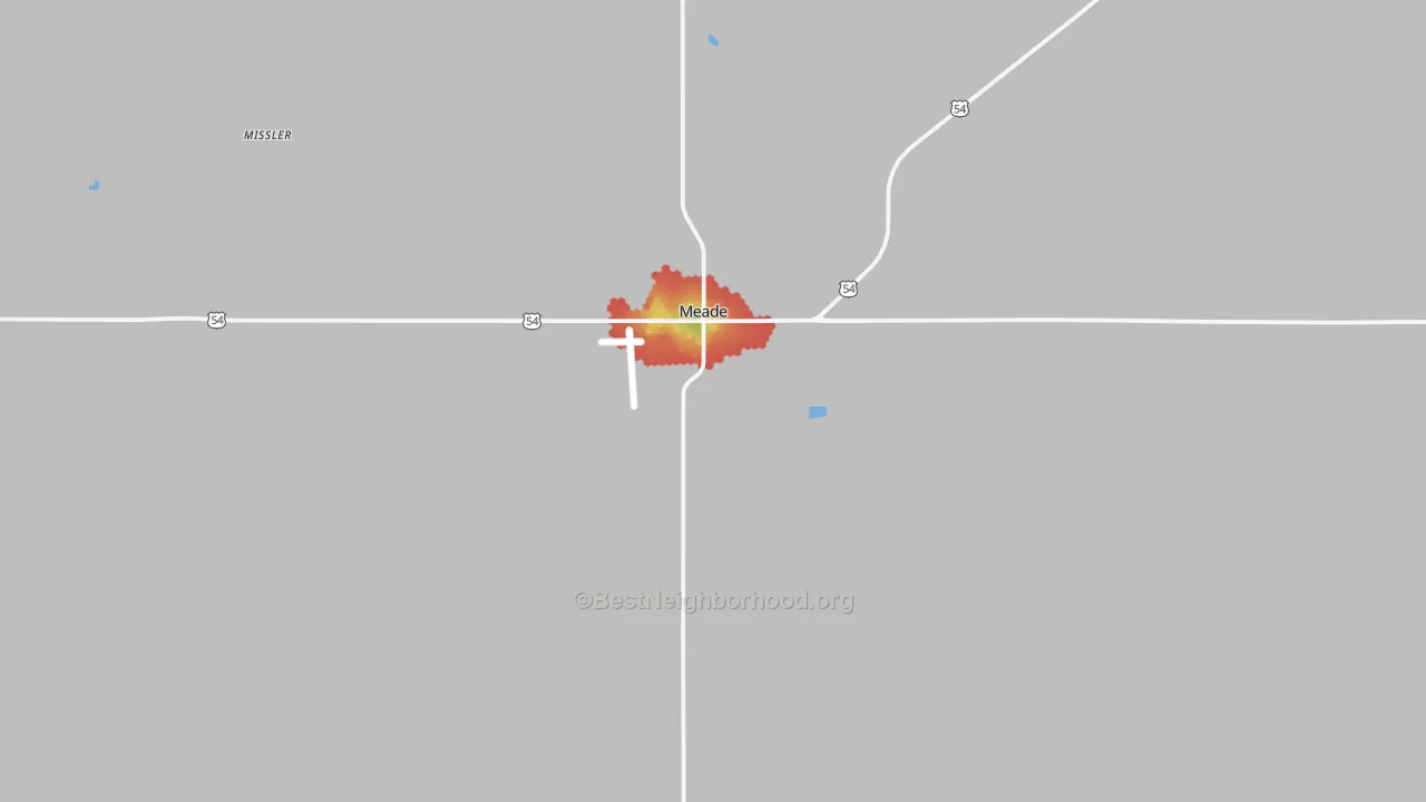 Walk Grade map of Meade, KS, walkable areas in green and car-dependent areas in red