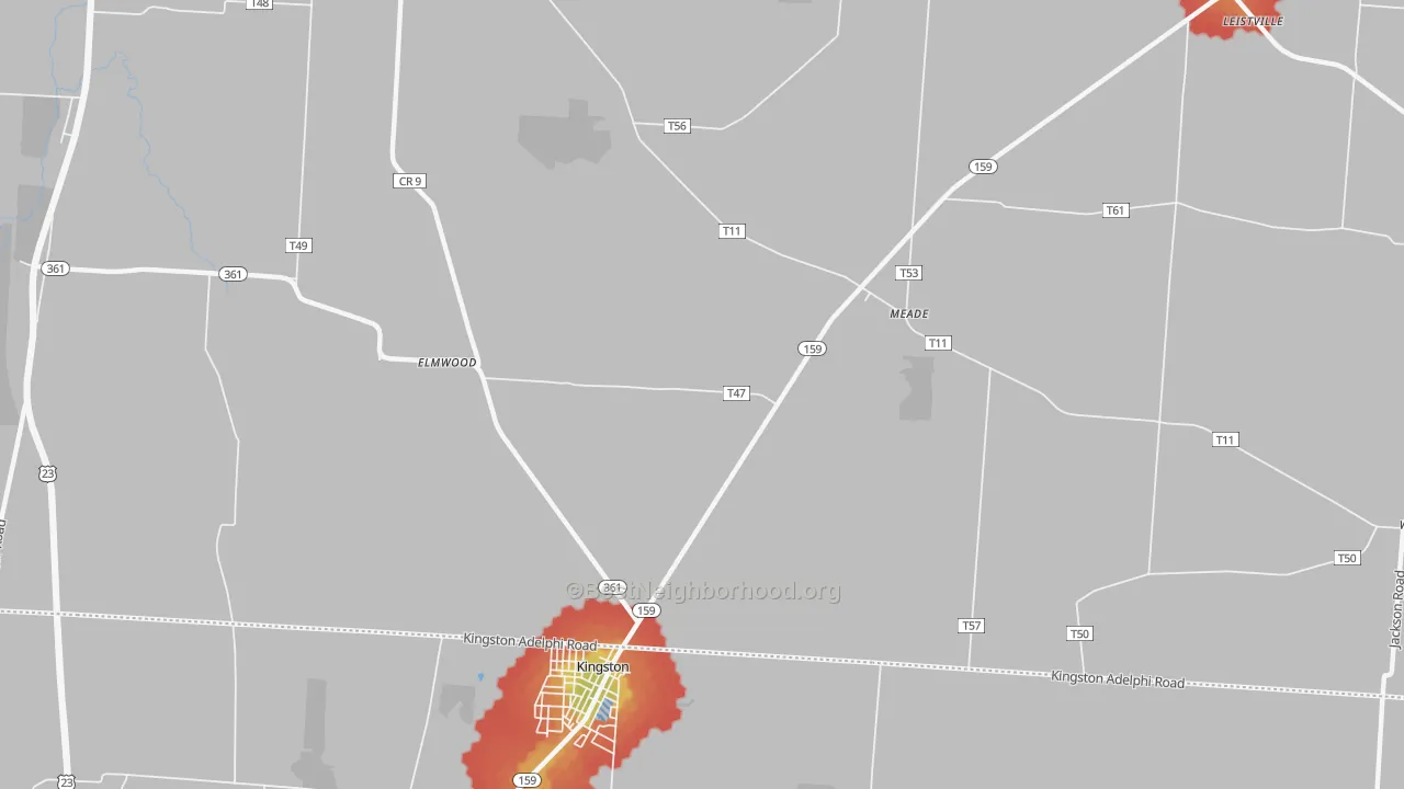 Walk Grade map of Meade, OH, walkable areas in green and car-dependent areas in red