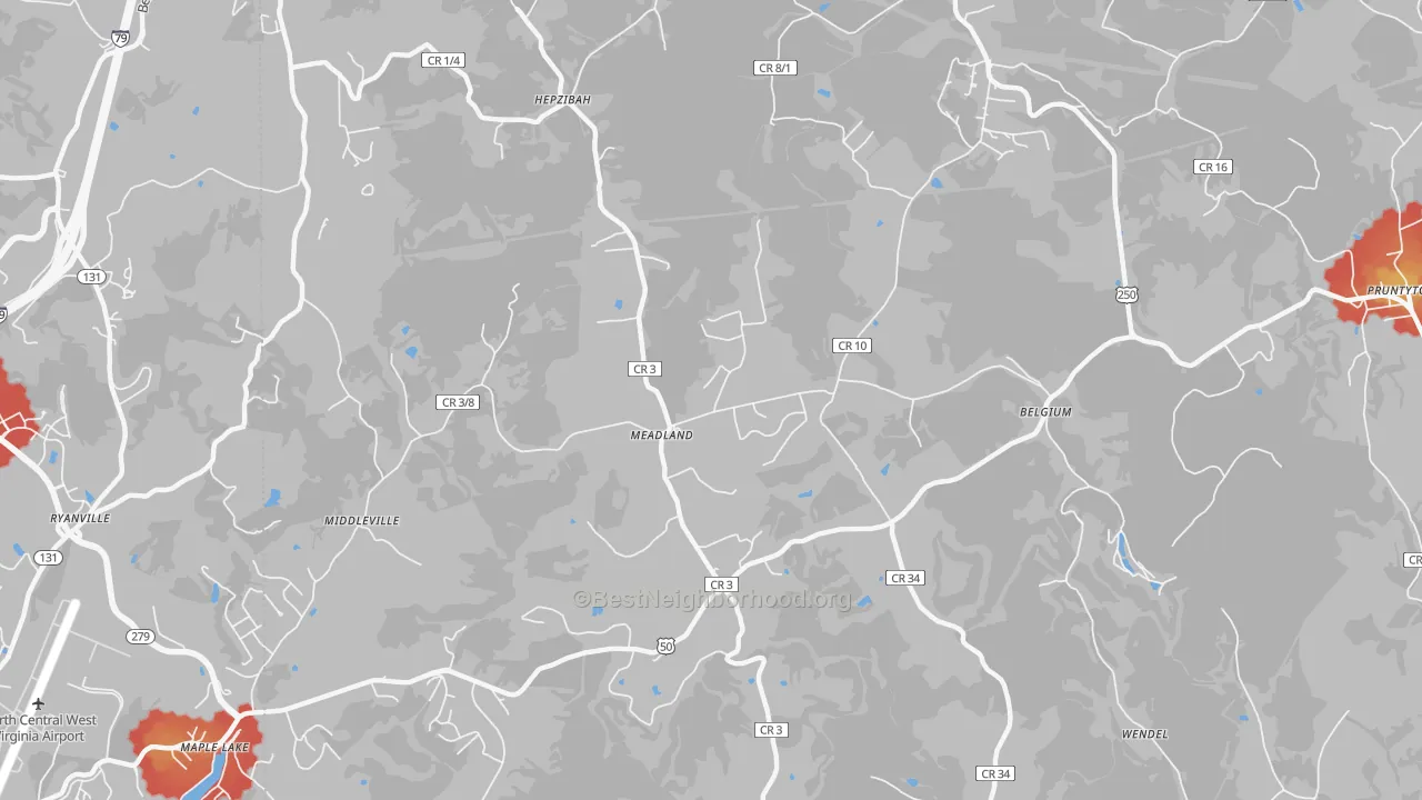 Walk Grade map of Meadland, WV, walkable areas in green and car-dependent areas in red