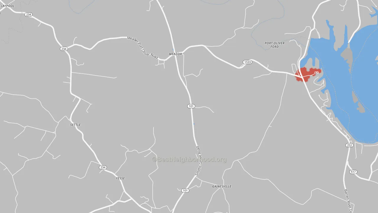 Walk Grade map of Meador, KY, walkable areas in green and car-dependent areas in red