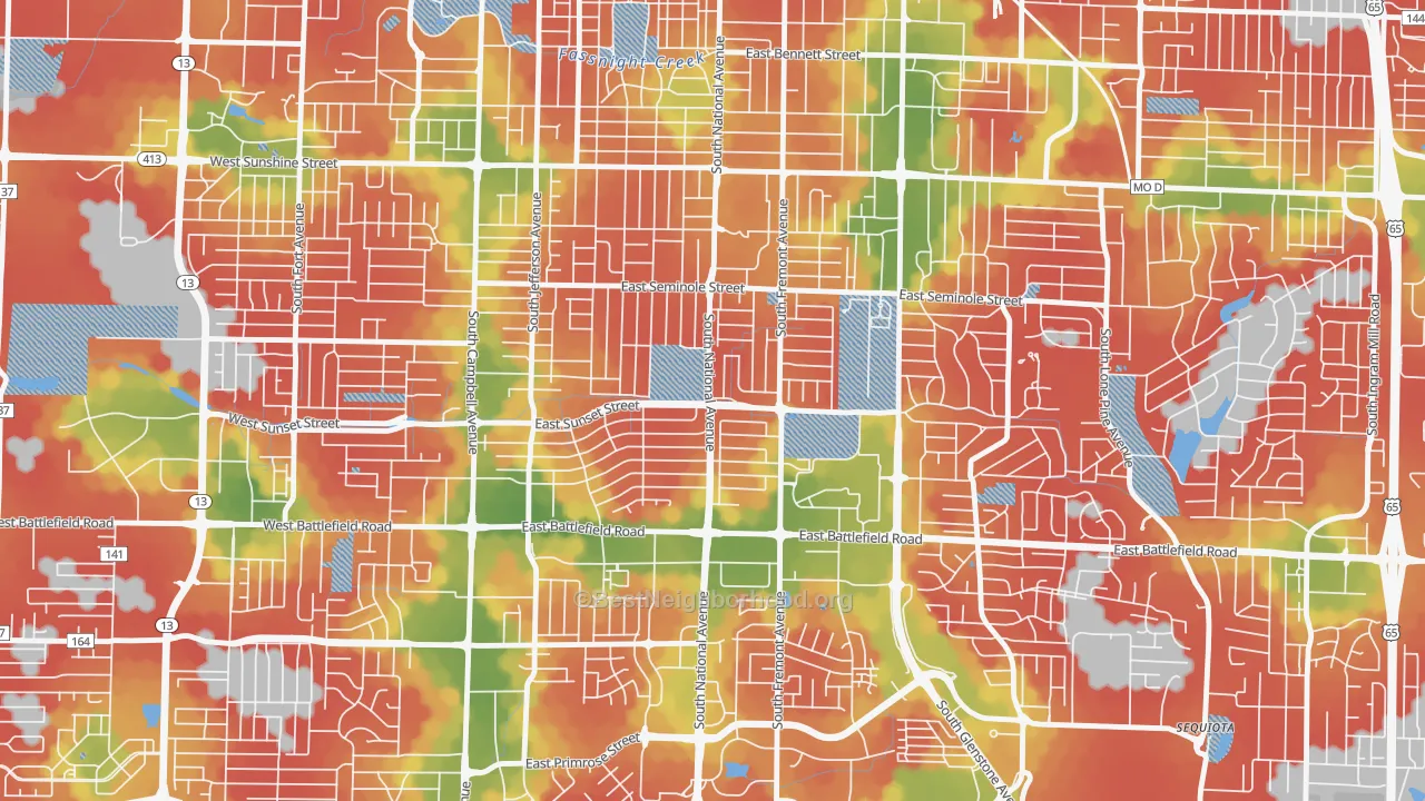 Walk Grade map of Meador Park, Springfield, MO, walkable areas in green and car-dependent areas in red