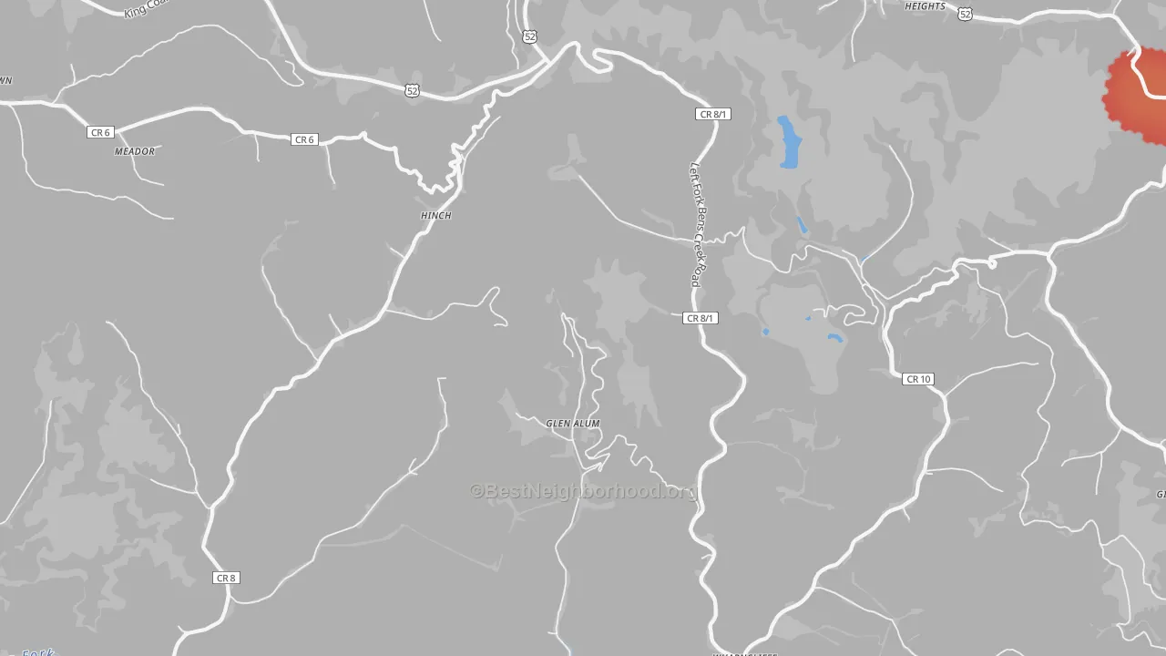 Walk Grade map of Meador, WV, walkable areas in green and car-dependent areas in red
