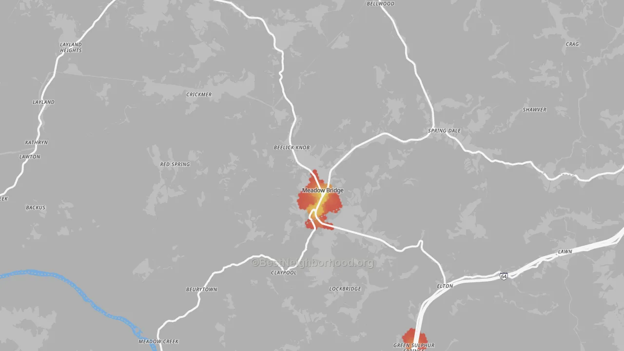 Walk Grade map of Meadow Bridge, WV, walkable areas in green and car-dependent areas in red
