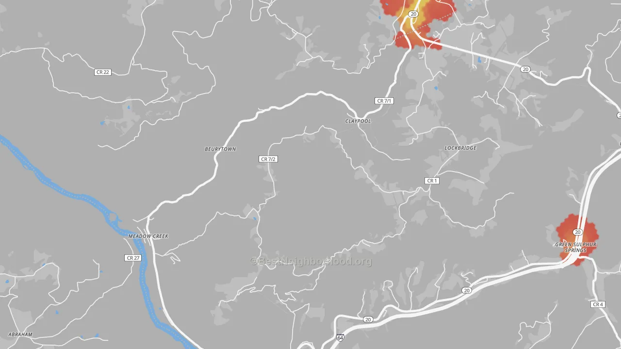 Walk Grade map of Meadow Creek, WV, walkable areas in green and car-dependent areas in red