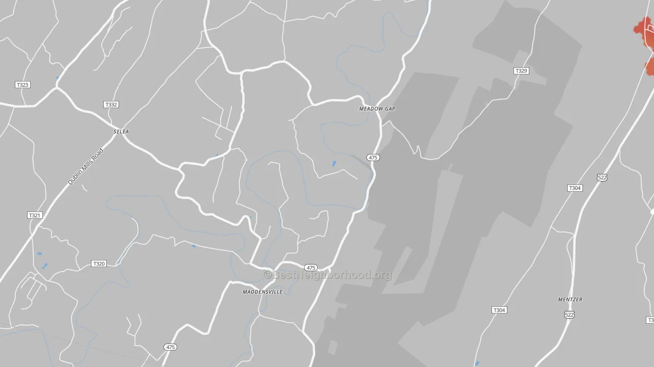 Walk Grade map of Meadow Gap, PA, walkable areas in green and car-dependent areas in red