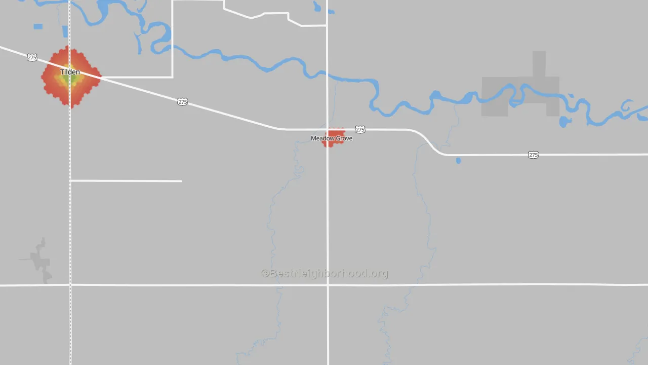 Walk Grade map of Meadow Grove, NE, walkable areas in green and car-dependent areas in red