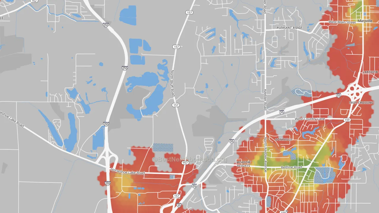 Walk Grade map of Meadow Heights, IL, walkable areas in green and car-dependent areas in red