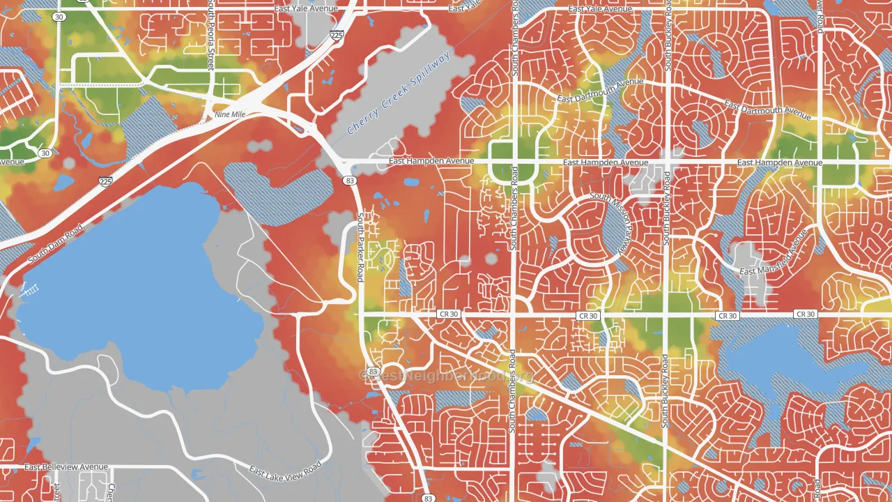 Walk Grade map of Meadow Hills, Aurora, CO, walkable areas in green and car-dependent areas in red