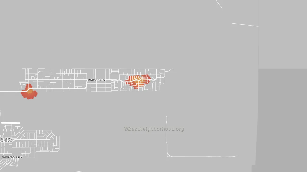 Walk Grade map of Meadow Lake, NM, walkable areas in green and car-dependent areas in red