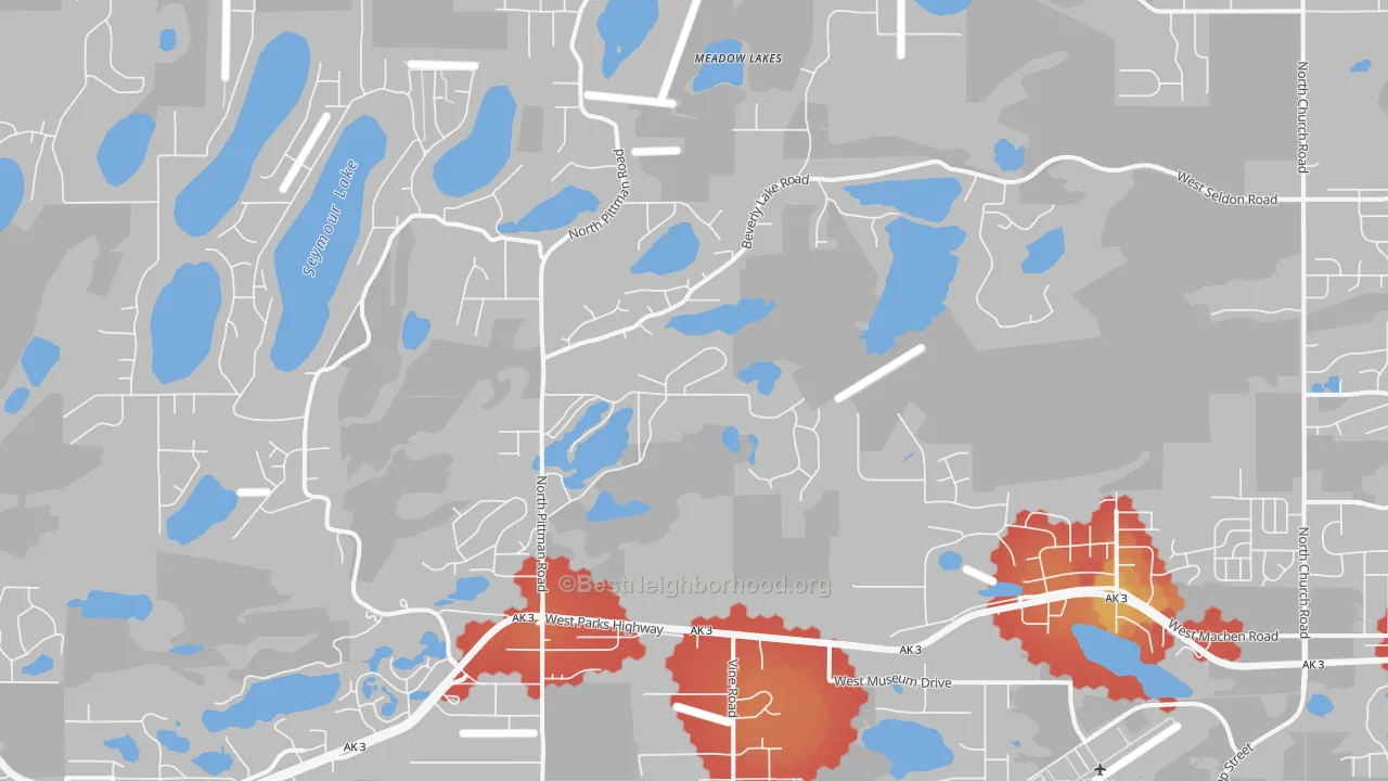 Walk Grade map of Meadow Lakes, AK, walkable areas in green and car-dependent areas in red