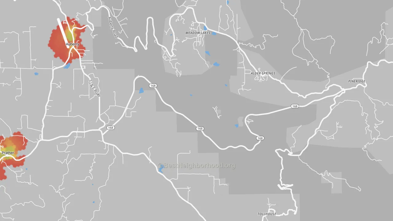 Walk Grade map of Meadow Lakes, CA, walkable areas in green and car-dependent areas in red