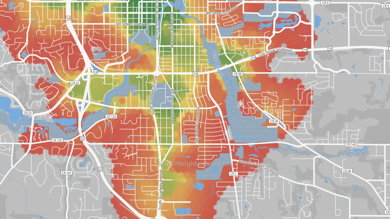 Walk Grade map of Meadow Park, Rochester, MN, walkable areas in green and car-dependent areas in red