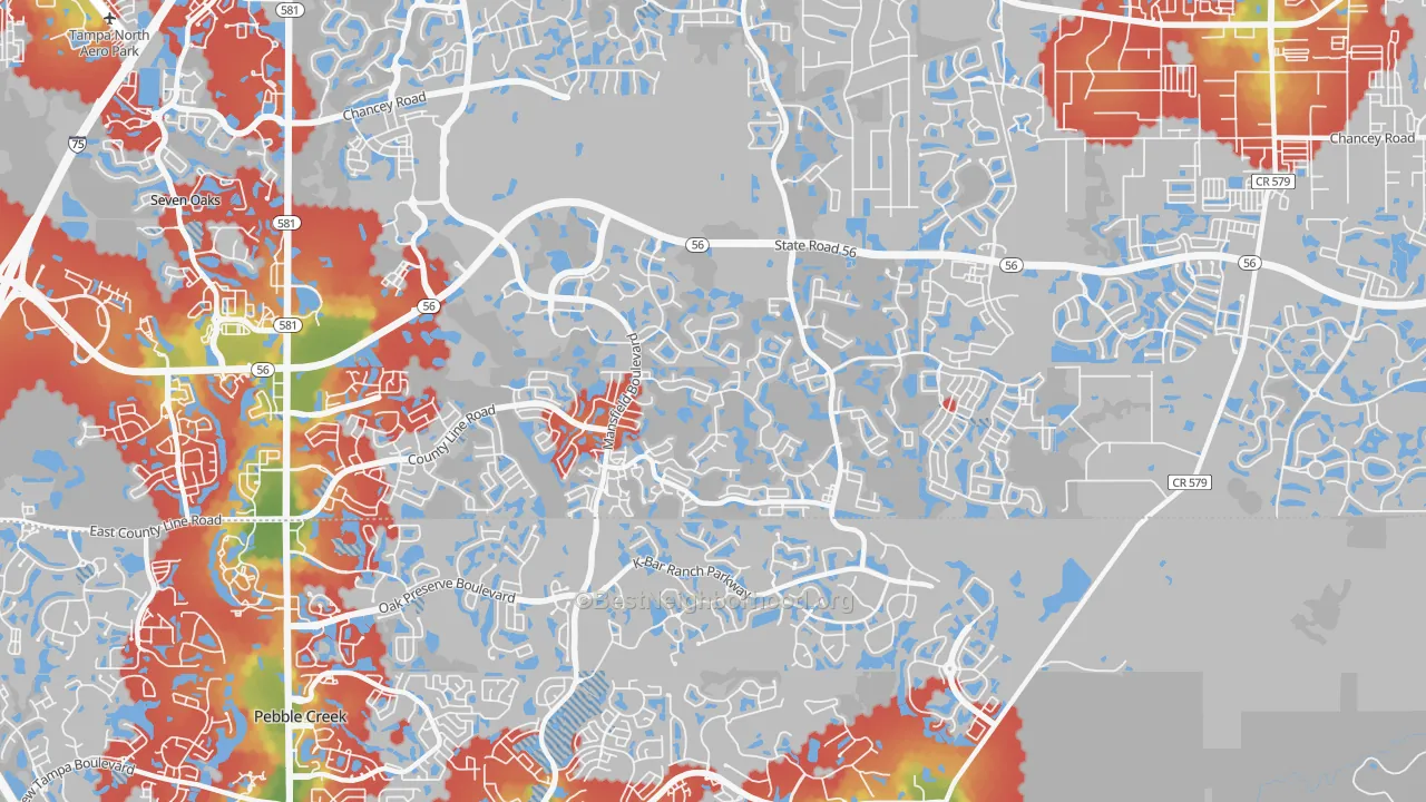 Walk Grade map of Meadow Point, Wesley Chapel, FL, walkable areas in green and car-dependent areas in red