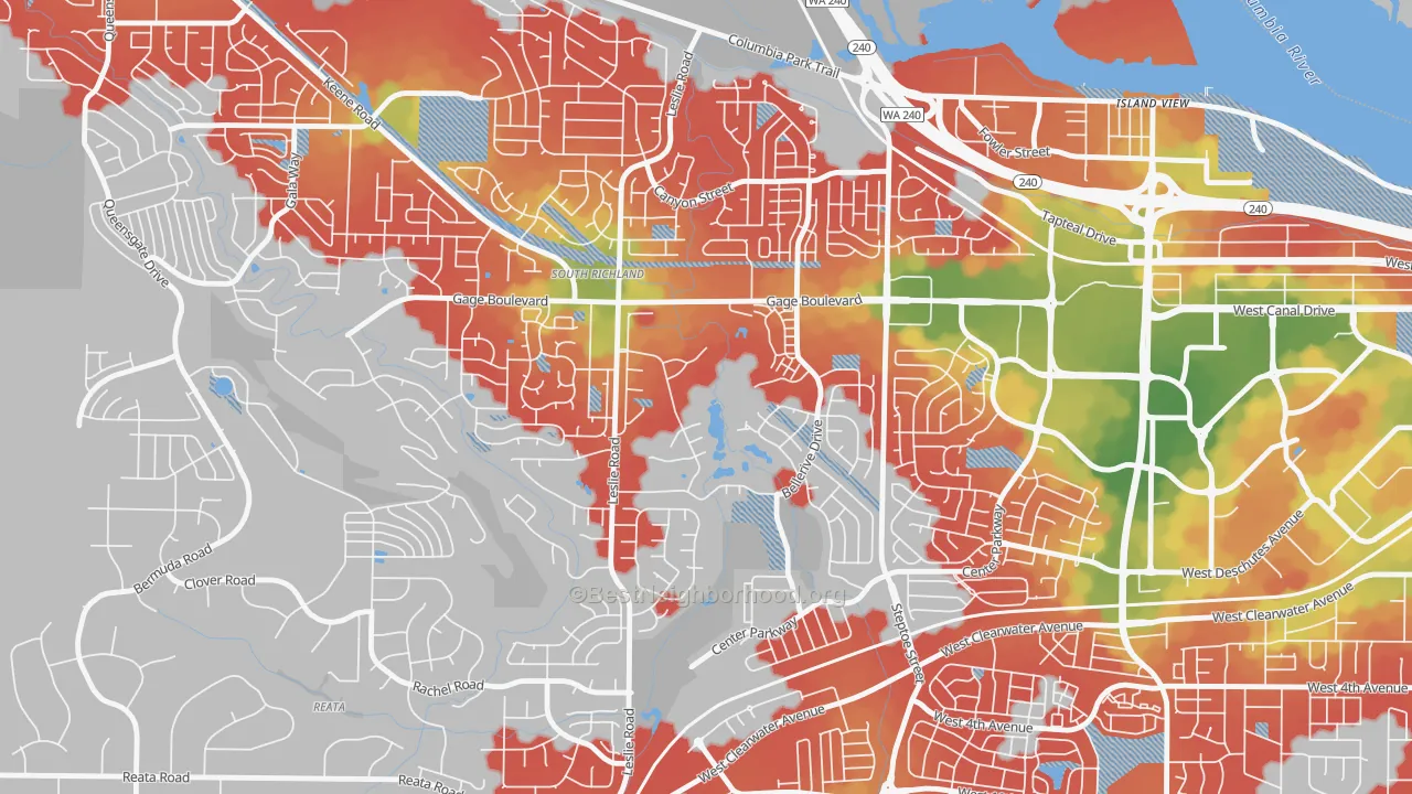 Walk Grade map of Meadow Springs, Richland, WA, walkable areas in green and car-dependent areas in red