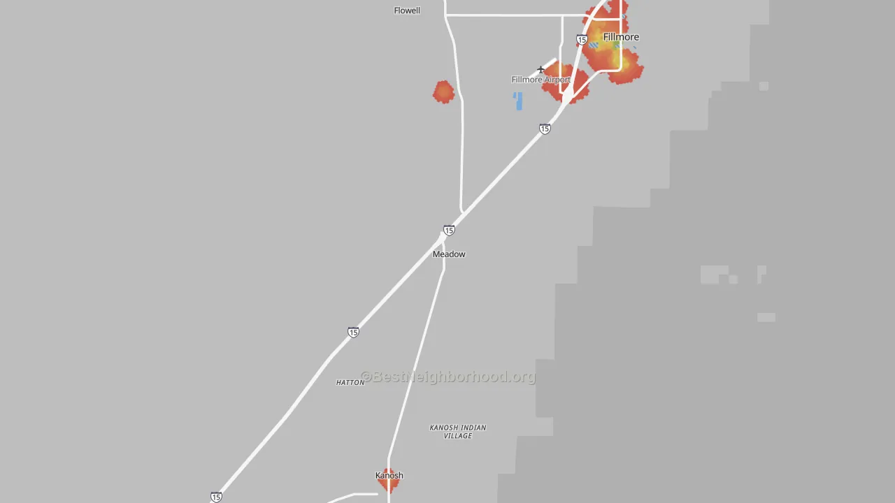 Walk Grade map of Meadow, UT, walkable areas in green and car-dependent areas in red