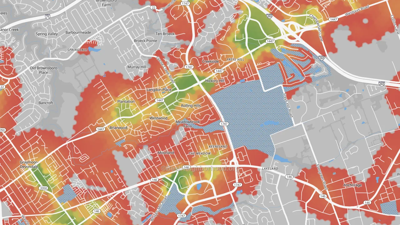 Walk Grade map of Meadow Vale, KY, walkable areas in green and car-dependent areas in red
