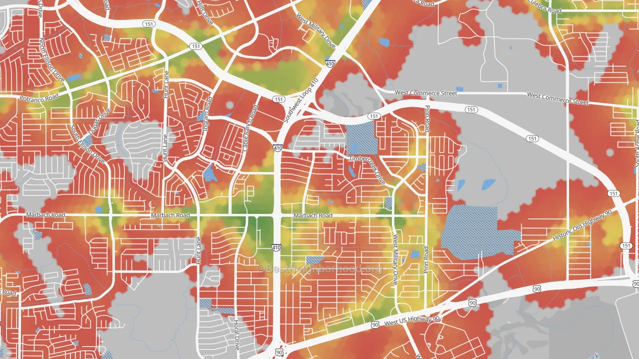 Walk Grade map of Meadow Village, San Antonio, TX, walkable areas in green and car-dependent areas in red