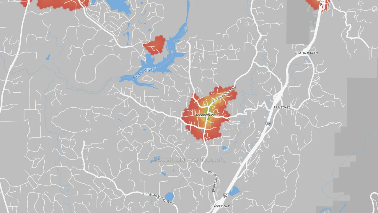 Walk Grade map of Meadow Vista, CA, walkable areas in green and car-dependent areas in red