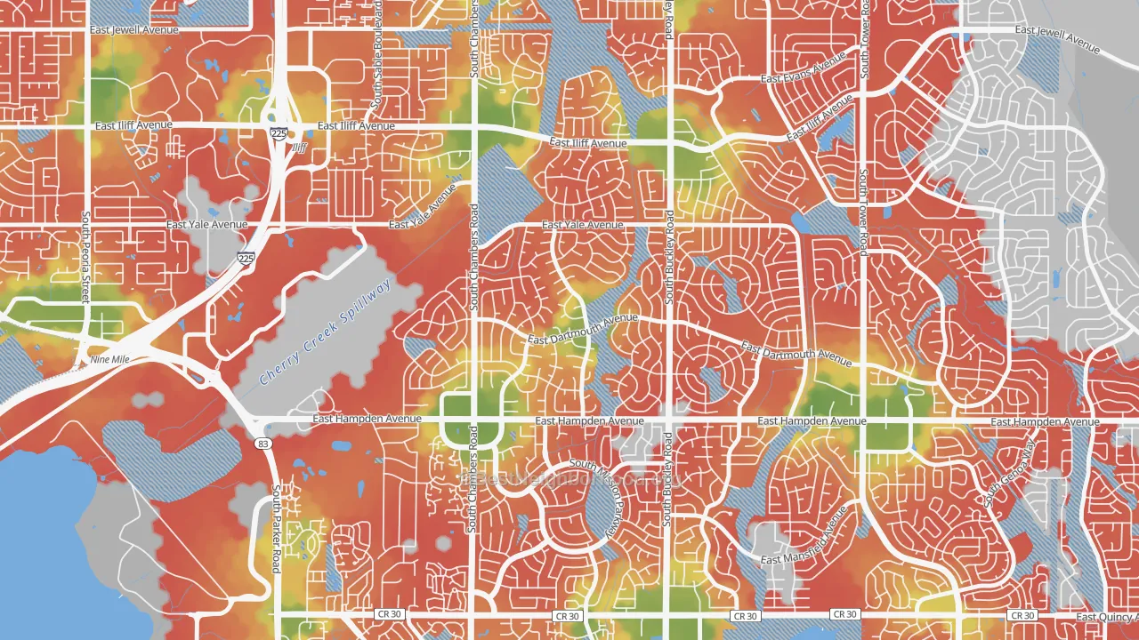 Walk Grade map of Meadow Wood, Aurora, CO, walkable areas in green and car-dependent areas in red