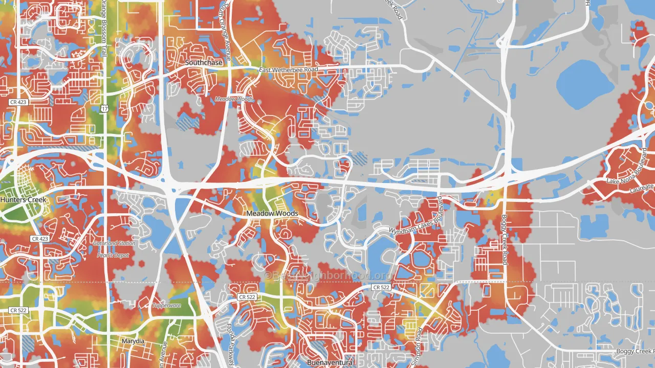 Walk Grade map of Meadow Woods, FL, walkable areas in green and car-dependent areas in red
