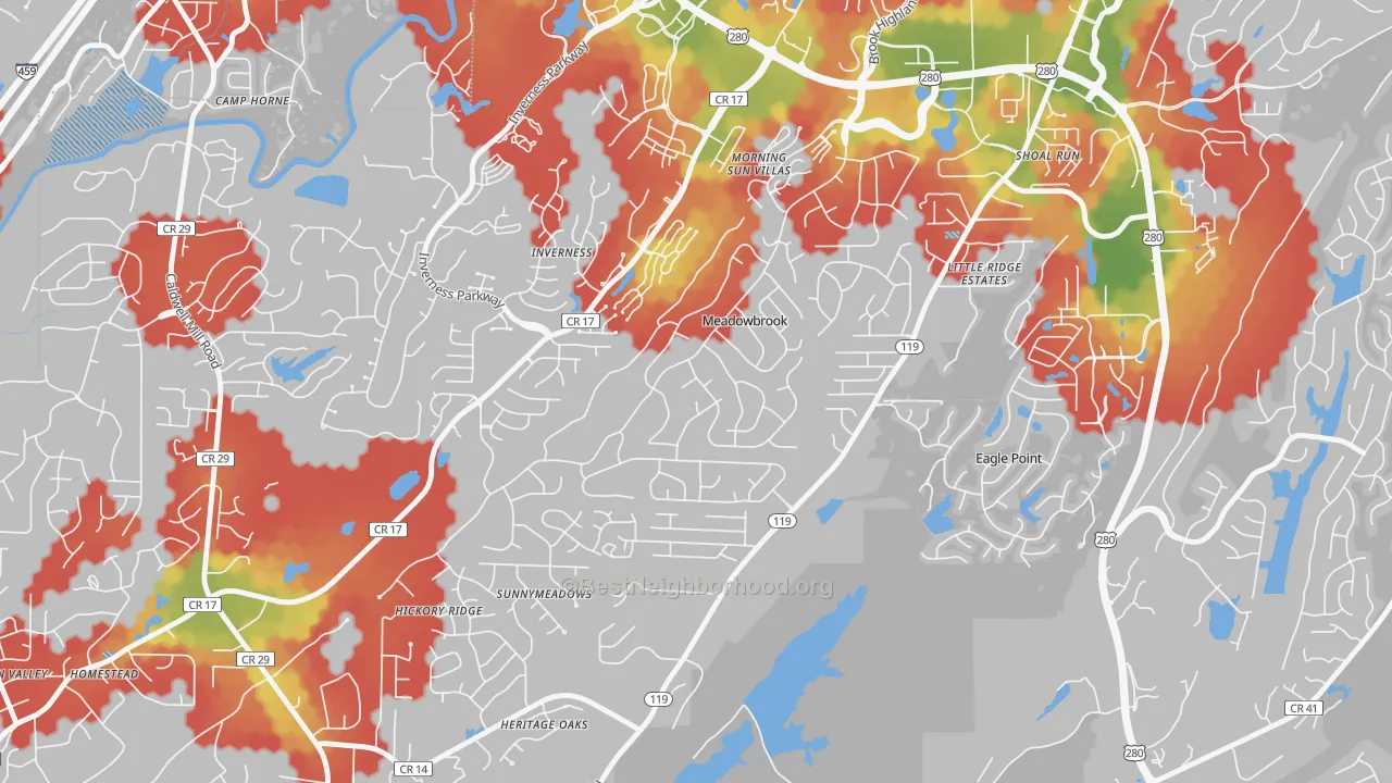 Walk Grade map of Meadowbrook, AL, walkable areas in green and car-dependent areas in red
