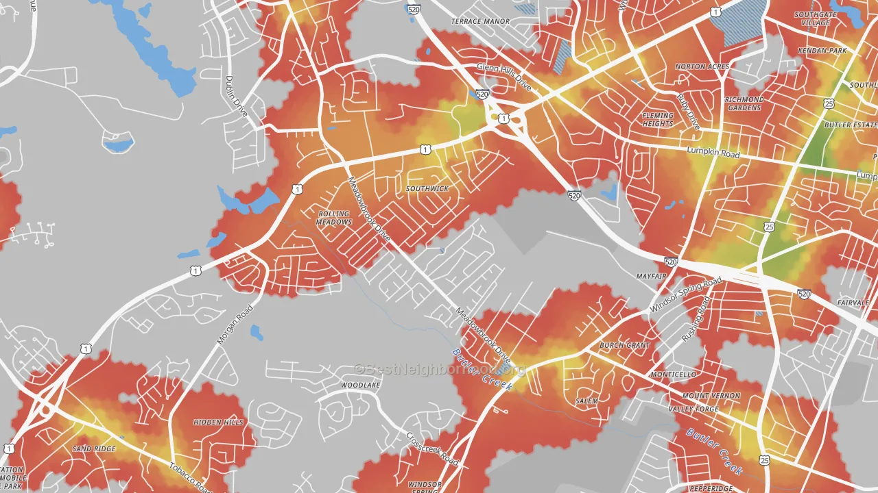 Walk Grade map of Meadowbrook, Augusta, GA, walkable areas in green and car-dependent areas in red