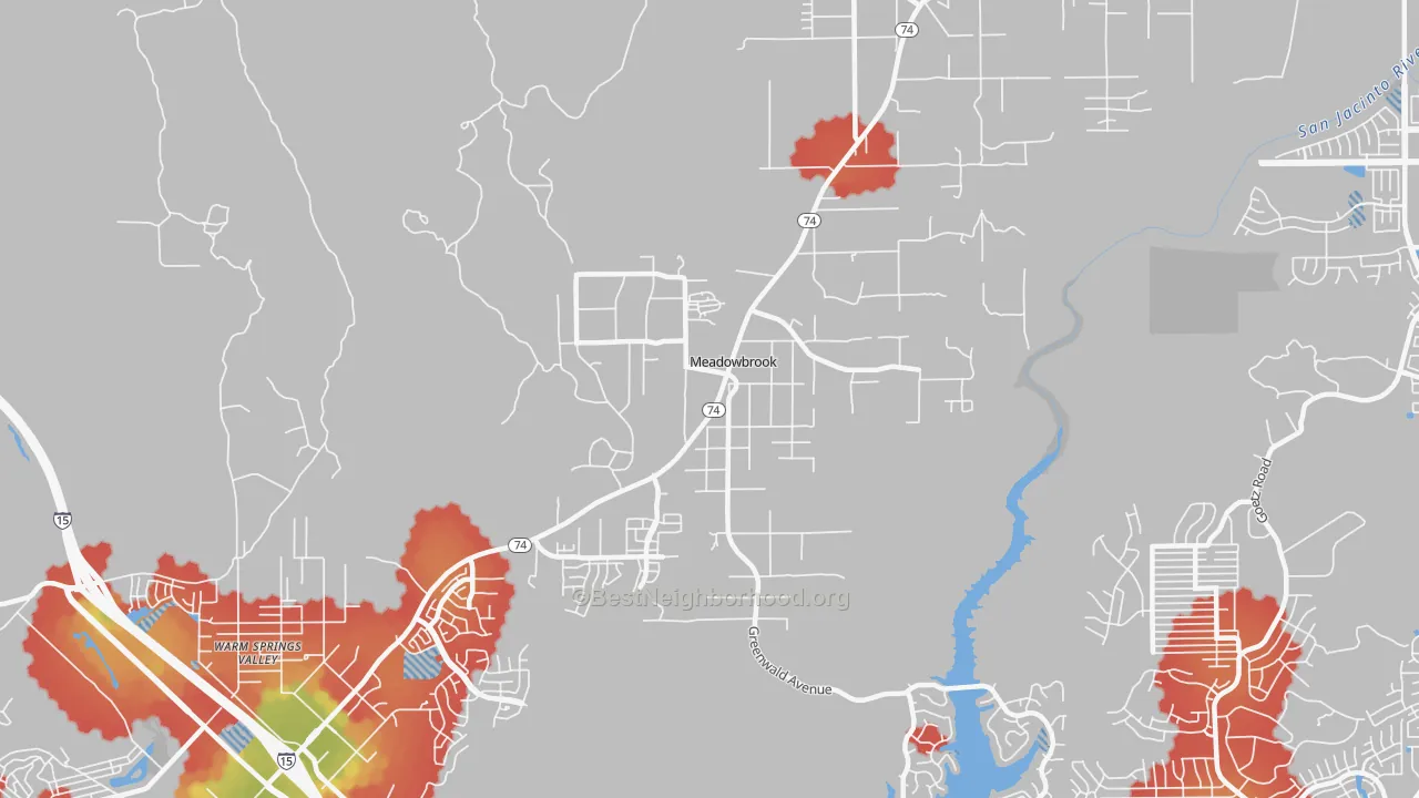 Walk Grade map of Meadowbrook, CA, walkable areas in green and car-dependent areas in red