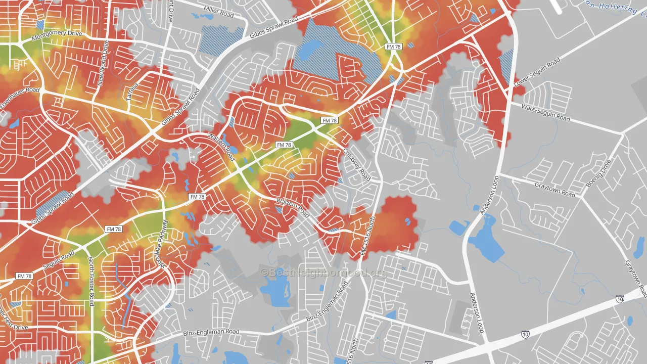 Walk Grade map of Meadowbrook, Converse, TX, walkable areas in green and car-dependent areas in red
