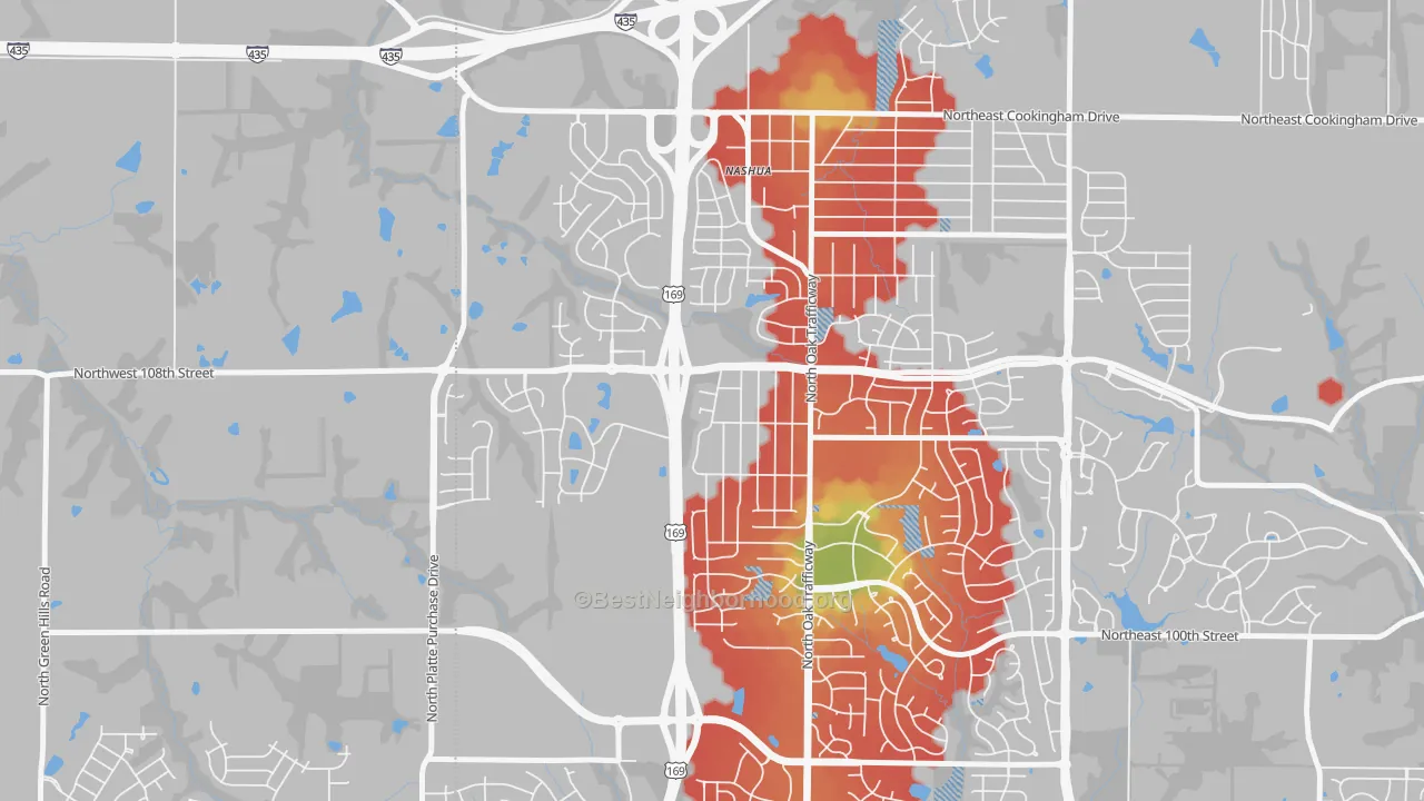 Walk Grade map of Meadowbrook Heights, Kansas City, MO, walkable areas in green and car-dependent areas in red