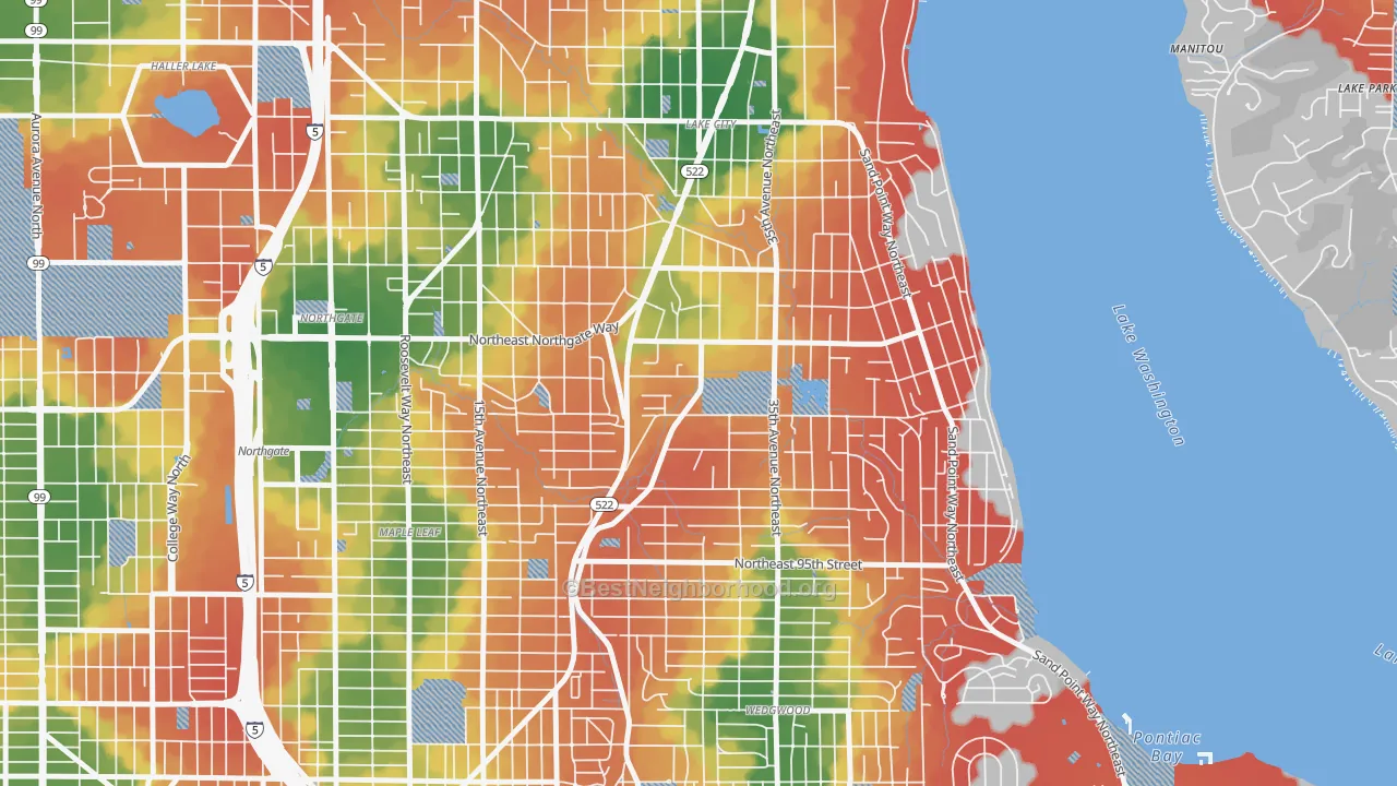 Walk Grade map of Meadowbrook, Seattle, WA, walkable areas in green and car-dependent areas in red